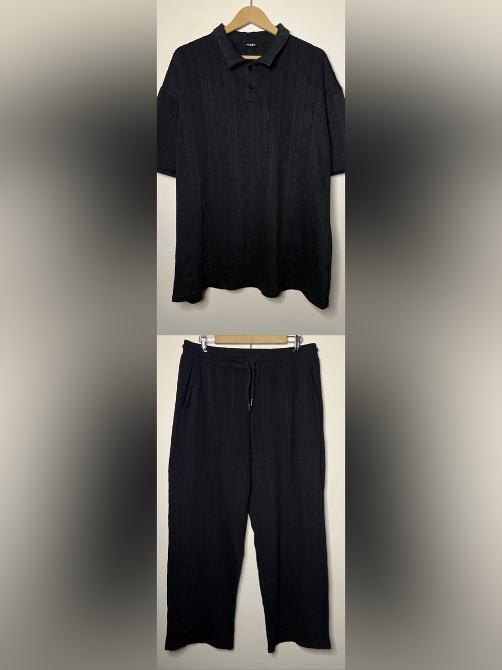 Jmierr Black Textured Men’s 2 Piece Set Button Shirt Loose Pants Size XL